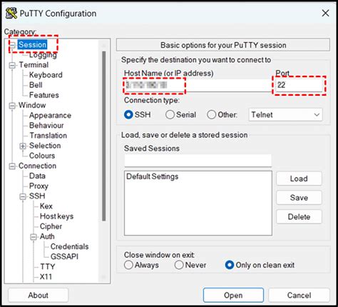 Запуск Putty и настройка соединения