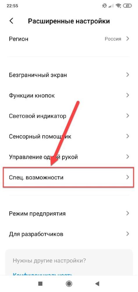 Найдите пункт "Специальные возможности доступа"